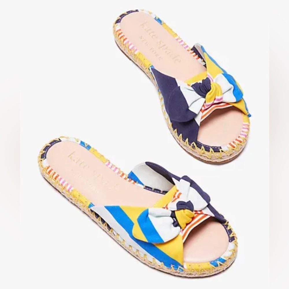 KATE SPADE Blue Striped Bow Saltie Shore Round Toe Platform Slip On Espadrille